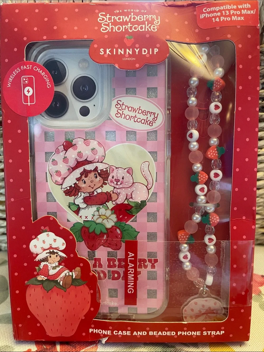 Skinnydip Strawberry Shortcake Pink Checkered iPhone Case with Beaded Wristlet